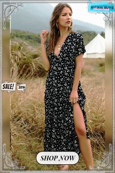 Spring Women Bohemian Ruffled Floral Printed Dress Sexy Boho Style Deep V-neck Long Summer Dress Fitted Black V-neck Beach Dress, Flirty V-neck Maxi Dress For The Beach, Black V-neck Surplice Dress For Summer, Black Floral Print V-neck Summer Dress, Black Floral Print V-neck Dress For Summer, Non-stretch V-neck Maxi Dress With Ruffles, Black Maxi Dress With Surplice Neckline For Summer, Black Bohemian Dress With Surplice Neckline, Non-stretch V-neck Flirty Dress