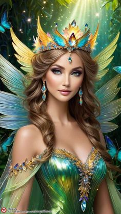 a beautiful woman with long hair wearing a green dress and gold tiara, surrounded by butterflies