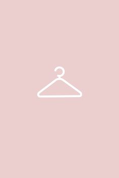 a white line drawing of a hanger on a light pink background with the word,