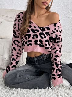 Women's Leopard Print Long Sleeve Sweater Pink Casual  Long Sleeve Knitwear Leopard Print,Textured Pattern Pullovers Medium Stretch  Women Clothing, size features are:Bust: ,Length: ,Sleeve Length: Pink Long Sleeve Top With Cat Design, Pink Glitter Print Crew Neck Top, Cute Pink Heart Print Sweater, Pink Tiger Sweater, Kawaii Long Sleeve Cat Print Top, Off Shoulder Sweater, Drop Shoulder Sweaters, Pink Sweater, Knitwear Women