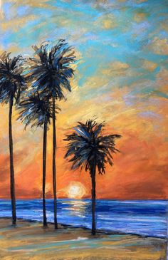 three palm trees on the beach at sunset