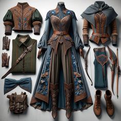 🤍 Fantasy style flat lay, elven huntress attire. #Linen #ElvenElegance #ForestGuardianFashion #MedievalChic #FantasyWardrobe #AdventureAwaits #MysticHuntress #EpicQuestClothing #RangerReady #LARPStyle #MythicalAttire #CraftedFantasy #LegendsInLeather Unique Clothing Ideas, Winter Cosplay Ideas, High Fantasy Clothing, Elven Huntress, Fantasy Traveler Outfit, Fantasy Clothing Design, Elven Clothes, Elven Outfit, Fantasy Costume Design