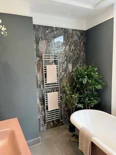 a bath room with a tub and a towel rack