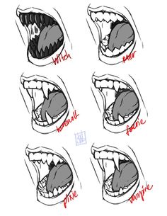 four different angles of the mouth showing how to draw an animal's teeth and fangs