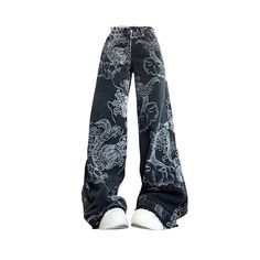 Product Details Elevate your streetwear with these striking dragon print jeans, which combine the edge of urban style with the intricate detail of traditional motifs. These jeans feature a bold dragon pattern printed across a dark wash denim, ensuring they stand out in any wardrobe. The loose fit provides comfort and flexibility, making them perfect for daily wear or special occasions where making a statement is key. Specifications: Design: Dragon print jeans Color: Dark wash denim with white an Baggy Clothes Aesthetic, Cottagecore Aesthetic Clothes, Aesthetic Cowboy, Trashy 2000s, Gothic Dragon, Cowboy Pants, 2000s Clothes, Y2k Women, Edgy Aesthetic