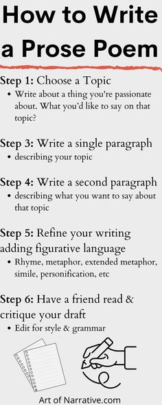 Step 1: Choose a Topic 

Write about a thing you’re passionate about
Step 2: Decide on a theme 

what you’d like to say on that topic 
Step 3: Write a single paragraph 

describing your topic
Step 4: Write a second paragraph 

describing what you want to say about that topic
Step 5:  Refine your writing adding figurative language 

Rhyme, metaphor, extended metaphor, simile, personification, etc
Step 6: Have a friend read & critique your draft

Edit for style & grammar Elements Of Poetry, Poem Writing Prompts, Narrative Poetry, How To Write Better, Writing Prompts Poetry, Write A Poem, Prose Poem, Poetry Prompts