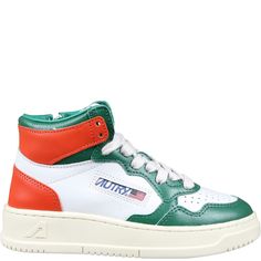 Color: Multicolor Medalist mid-top multicolor sneakers, upper in white leather with stitching defining the shape of multi-layer inserts in green and pink leather, perforated toe for better breathability, flat cotton laces. Leather tongue with tonal label and foam padding. Padded ankle collar with contrast insert. Zipper at side interior. Leather and cotton terry lining. Rubber sole with logo. Shoe bag included. 100% Leather. White High-top Sneakers With Abzorb Midsole For Spring, Green Spring Sneakers With Laces, Green Sneakers With Perforated Toe Box For Spring, Sporty Green Basketball Shoes With Contrast Sole, Green Spring Sneakers With Perforated Toe Box, Green Sneakers With Perforations And Round Toe, Spring Green Sneakers With Perforated Toe Box, Green High-top Sneakers For Sports, Green High-top Sneakers With Round Toe For Spring