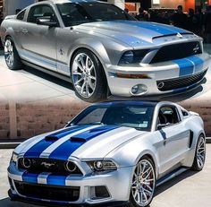 two pictures of the same car in different colors, one is silver and the other is blue