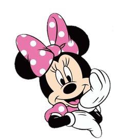 minnie mouse with pink and white polka dots on it's head, leaning forward