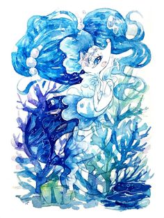 a watercolor drawing of a mermaid with blue hair and bubbles on her head, surrounded by corals