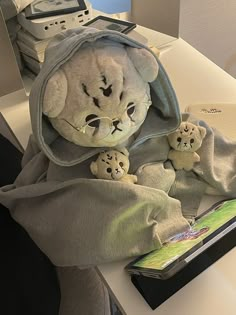 a stuffed animal wrapped in a blanket next to two small teddy bears on a desk