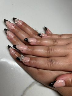 Black French tip with gems  (Other colors than black are available) Black Grad Nails, Black Acrylic Nails With Gems, Black French Manicure Almond, Black French Tip With Gems, Black And Clear Nails, Black Gem Nails, Black Diamond Nails, Black Nails With Gems, Nail Inspiration Black