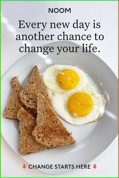 an egg and toast on a plate with a quote about being happy to each other