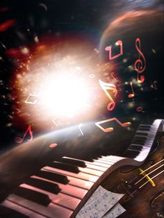 an image of musical instruments and notes flying in the air with light coming from behind