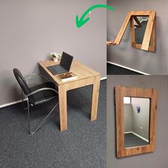 there is a desk with a laptop on it and a mirror in the wall above it