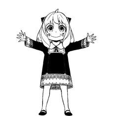 an anime character with her arms outstretched and eyes wide open, in black and white