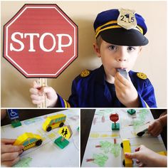 a collage of photos shows a boy in uniform holding a stop sign and building blocks