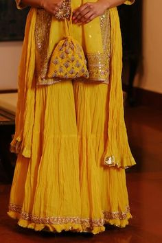 Yellow kurta with gota, floral, sequin embroidery. Paired with a crushed gharara and dupatta with contrast border. - Aza Fashions Diwali Reception Sharara With Dori Work, Chinon Sharara With Dori Work For Reception, Reception Sharara With Dori Work In Chinon, Semi-stitched Sharara With Gota Work For Reception, Sharara With Gota Work For Diwali Reception, Navratri Reception Palazzo Set With Gota Work, Diwali Reception Sharara With Gota Work, Georgette Sharara With Gota Work For Reception, Reception Georgette Sharara With Gota Work