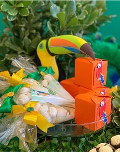 an assortment of toys including toucans and other items