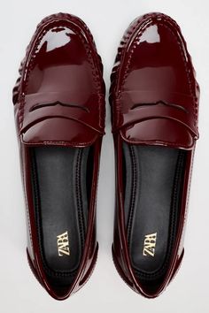 FAUX PATENT LEATHER PENNY LOAFERS - Burgundy Red | ZARA United States Flat Patent Leather Loafers For Work, Flat Patent Leather Loafers For Office, Trendy Patent Leather Flat Loafers, Trendy Patent Leather Loafers For Business, Trendy Patent Leather Loafers With Flat Heel, Business Patent Leather Flat Loafers, Trendy Zara Loafers For Office, Zara Classic Flat Loafers, Red Loafers Women