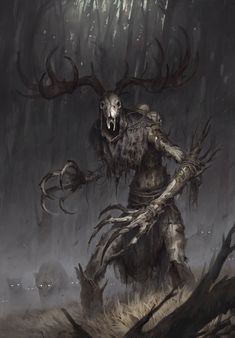 a creepy creature with large horns and long hair standing in the middle of a forest