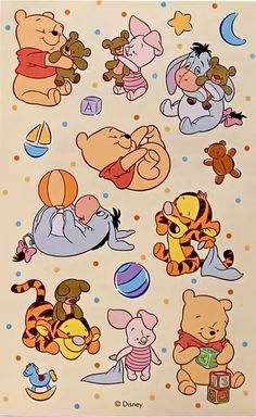 various winnie the pooh stickers on a white sheet with polka dots and stars