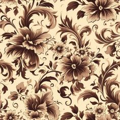 a brown and white floral wallpaper with large flowers on the side, in an ornate pattern