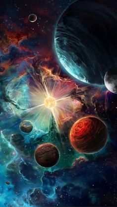 an artist's rendering of planets in outer space, with the sun shining brightly