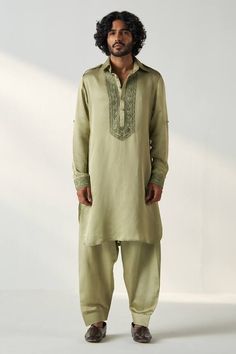 Green pathani kurta featuring dori embroidery on front yoke and sleeve cuff. Paired with linen satin salwar. - Aza Fashions Pathani Kurta For Men, Salwar For Men, Satin Salwar, Pathani For Men, Kgf Photos Hd, Dori Embroidery, Brain Storm, Men Kurta, Salwar Pattern