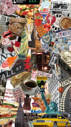 a collage of various pictures including signs, buildings, and food in new york city