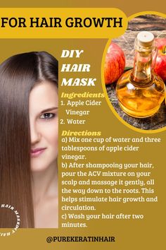 One of the Home Remedies for Hair Growth that Is Worth Trying 👉Here is another reason why you should have apple cider vinegar or ACV on hand: it is an effective solution for natural hair growth. 🍎Apple cider vinegar is high in acetic acid, which helps balance your hair and sebum’s pH levels, and prevent fungal and bacterial growth. 🍎Aside from this, the antibacterial and antifungal properties kill bacteria and other unwanted substances that could lead to dandruff and hair loss. Home Remedies For Hair Growth, Apple Cider Vinegar Hair, Hair Growth Mask Diy, Apple Cider Vinegar Hair Rinse, Home Remedies For Dandruff, Vinegar For Hair