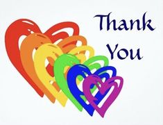 a thank card with colorful hearts and the words thank you