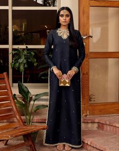 Black Silk Anarkali Palazzo Set, Black Chanderi Palazzo Set With Mirror Work, Black Silk Palazzo Set With Resham Embroidery, Festive Black Silk Palazzo Set, Black Unstitched Silk Palazzo Set, Black Designer Kurta With Gota Work, Elegant Black Salwar Kameez With Gota Work, Elegant Black Slub Silk Traditional Wear, Elegant Black Slub Silk Dupatta