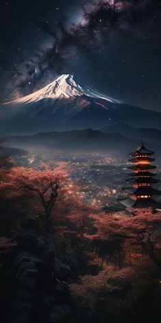 a tall tower sitting under a night sky next to a mountain covered in clouds and stars