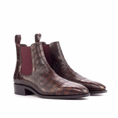 Ambrogio 4603 Bespoke Custom Men's Shoes Dark Brown & Burgundy Crocodile Print / Calf-Skin Leather Chelsea Boots (AMB1809)-AmbrogioShoes Burgundy Paint, Mens Dress Boots, Heeled Chelsea Boots, Cuban Heels, Crocodile Print, Chelsea Boots Men, Leather Hardware, Slip On Boots, Leather Chelsea Boots