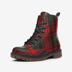 Red Scottish Clan Tartan Style Boots Vegan Leather Lace Up Combat boots Punk Goth Boots Rave Festival Faux Leather Shoes Grunge Plaid Red Rubber sole Faux Leather Padded collar for added comfort Lace-up front Wide Fit PROCESSING : -Your Boots are made to order, meaning we print them special just for you when your order is placed. Please allow 2 - 7 business days for us to print your Boots. -The average shipping time is 7 - 20 business days depending on the delivery destination. Red Ankle Martin Boots For Fall, Red Mid-calf Boots With Round Toe For Winter, Grunge Faux Leather Boots For Winter, Grunge Faux Leather Winter Boots, Grunge Style Faux Leather Winter Boots, Winter Grunge Faux Leather Boots, Gothic Combat Boots With Round Toe In Faux Leather, Gothic Round Toe Combat Boots In Faux Leather, Gothic Faux Leather Combat Boots With Round Toe