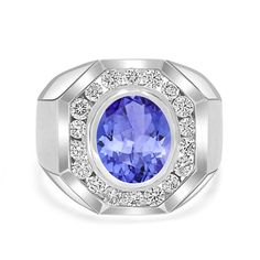 12x10mm Violetish Blue Tanzanite?Men's Ring Oval shape 4.9ct with 1.88cttw Diamond in 14K & 18K White Gold, Yellow Gold, Rose Gold