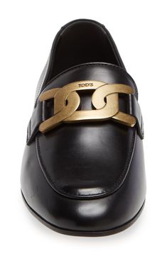 A logoed golden chain polishes the look of a leather loafer expertly handmade in Italy with an apron toe. Style Name:Tod'S Kate Chain Detail Loafer (Women). Style Number: 6212651. Designer Gold Loafers For Work, Luxury Gold Loafers In Calf Leather, Luxury Gold Calf Leather Loafers, Gold Loafers With Leather Sole And Calf Leather, Gold Calf Leather Loafers With Leather Sole, Gold Formal Loafers With Branded Insole, Gold Calf Leather Loafers For Formal Occasions, Gold Calf Leather Formal Loafers, Formal Gold Calf Leather Loafers