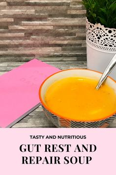 a bowl of carrot soup next to a potted plant with the words, gut rest and repair soup