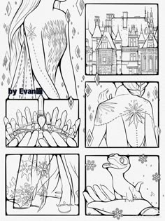 an adult coloring book page with four different scenes