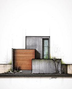 an architectural drawing of a house on the side of a road with trees and bushes