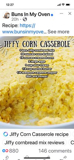 an image of a bowl of corn casserole on the app store's facebook page