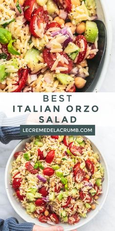 the best italian orzo salad recipe is shown in two different bowls, one with tomatoes and cucumbers