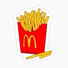 french fries in a red box sticker on a white background with the word mcdonald written below it