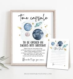 a space themed birthday party with a free printable card, envelope and place card