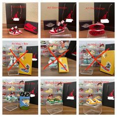 there are many pictures of different items in the box and one has a red shoe on it