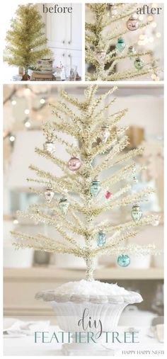 a white christmas tree with ornaments hanging from it's branches and the words diy feather