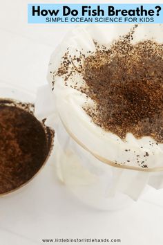 a bowl filled with brown and white food next to a cup full of cocoa powder