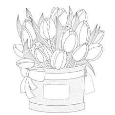 a bouquet of tulips in a bucket with a bow