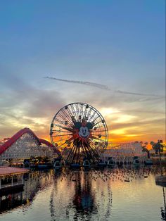 a ferris wheel sitting on top of a lake next to a roller coaster at sunset